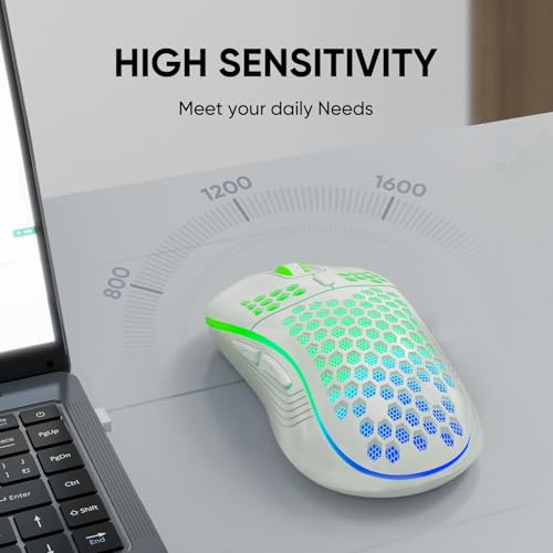 Uniiking® Wireless Gaming Mouse Honeycomb 2.4G USB Cordless Mouse RGB Rechargeable PC Game Mice with 7-Color LED Lights，3 Adjustable DPI for Windows Laptop Desktop Computers -White