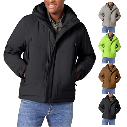 Puffer Jackets for Men Winter Zip Up Hooded Coat Warm Windbreaker Waterproof Padded Jacket Plain Thick Outdoor Coats Plus Size Casual Outwear with Pockets