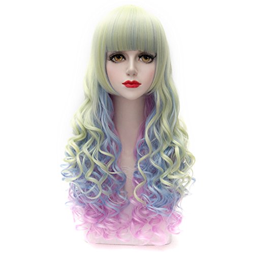 Cosplay Wig Neat Bangs Long Curly Hair Costume Party Wigs Multi-Color (Cyan-Blue-Purple, Neat Bangs)