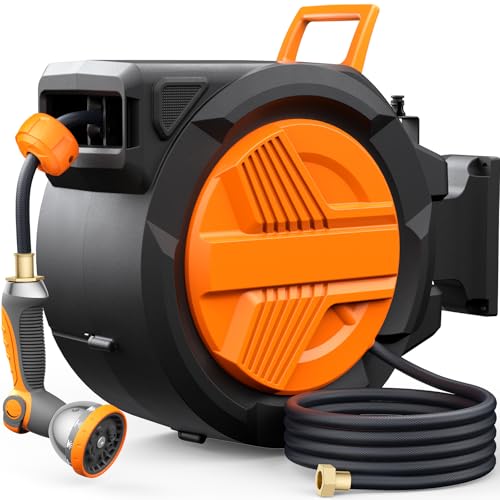 Retractable Garden Hose Reel 1/2” x 100ft, Auto Rewind Hose Reels for Outside, Heavy-Duty Wall-Mounted Outdoor Hose, 10-Mode Nozzle, Adjustable Length, 180° Rotation for Watering, Car Washing
