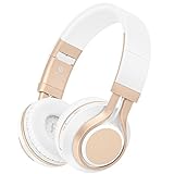 Bluetooth Headphones with Mic, HiFi Stereo Foldable Lightweight Wireless Headphones with Comfortable Protein Earpads, Noise Isolation, TF Card Mode, FM Radio Mode for PC TV Smartphone (White Gold)