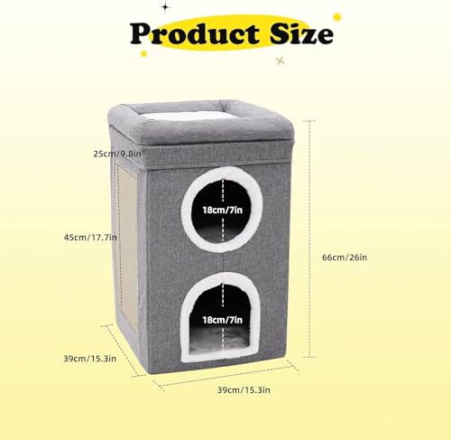 Cat House for Indoor, 3-Level Covered Cat Condo with Scratch Pad and Hideaway Cave, Cat Bed &Furniture for Multi Pets and Large Cats, 15.3 * 15.3 * 26 inches, Cat Playground Play Center, Grey