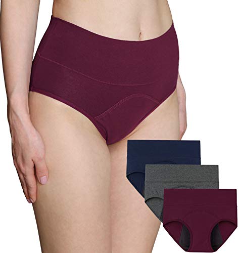 INNERSY Period Panties Women Cotton Menstrual Pants Leak Proof Postpartum Underwear 3 Pack (UK10, Wine/Gray/Navy)