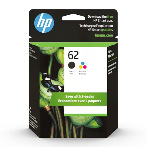 HP 62 Black/Tri-color Ink (2-pack) | Works with ENVY 5540, 5640, 5660, 7640, OfficeJet 5740, 8040, OfficeJet Mobile 200, 250 | Instant Ink Eligible | N9H64FN | Packaging May Vary