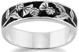 Gemondo Sterling Silver 925 Marcasite with Floral Pattern Over Black Enamel Band Ring