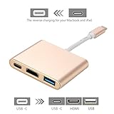 ONCHOICE USB-C Hub Digital AV Multiport Adapter USB3.1 Type-C to 1 HDMI 1 USB 3.0 port PD hubs 1 charging power delivery port Aluminum Housing for 12inch Apple New MacBook gold