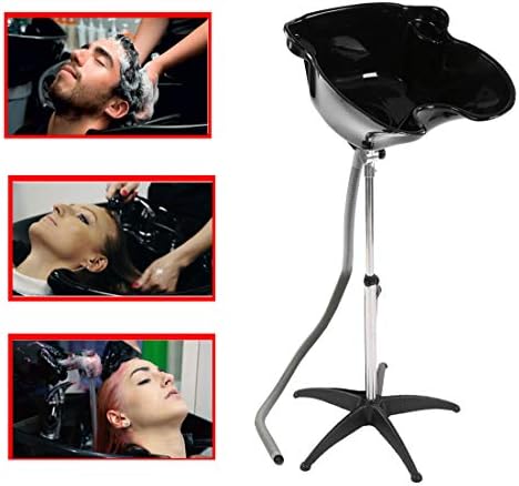 Shampoo Basin for Salon, Portable Adjustable Height Barber Backwash Sink Deep Hair Treatment Bowl with Drain Hose (Black)