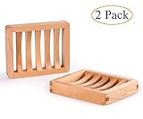 MelonBoat 2 Pack Wood Shower Soap Dish Set, Wooden Soap Saver Holder, Natural Color, Rectangle Concave