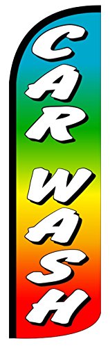 Car Wash (Multi) Windless Stay-Open Feather Swooper Flag Banner Kit: 14' Fusion Pole Set, Safety Orange Stake