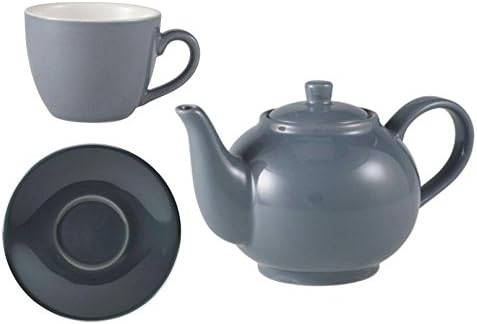 Grey Coloured Porcelain 45cl/15.75oz Teapot w/ x6 3oz/9cl Bowl Shaped Cups and x6 12cm Saucers