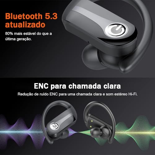Fones de ouvido sem fio, Bluetooth 5.3, estéreo de alta fidelidade, tela LED, chamadas nítidas com microfone, cancelamento de ruído, controle por toque, IP7 à prova d'água, esportivo (preto)