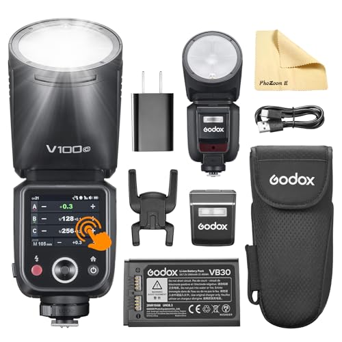 Godox V100-C V100 C Runder Kopf Kamera Blitz Flash Kamerablitz TTL Speedlite 2.4G Wireless TTL Speedlight Strobe,100Ws HSS 1/8000s mit Li-ion Batterie