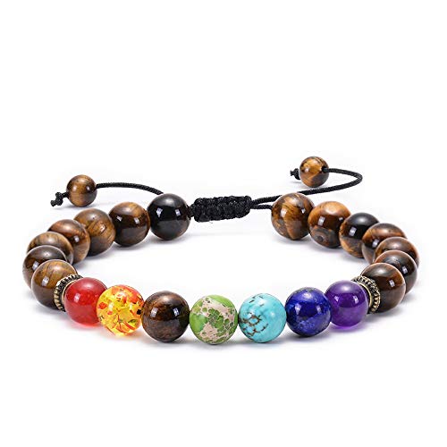 SEKDAQ Tiger Eye Stone 7 Chakras Beaded Aroma Oil Bracelets,Beads Reiki Buddha Bracelet Adjustable For Women Men