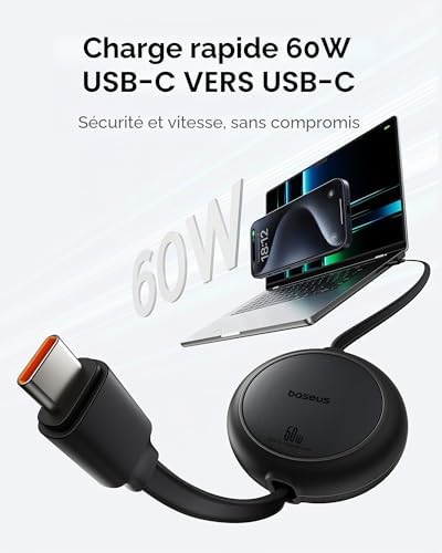 Câble USB C, 60 W PD 5 A QC 4.0, mini, de charge rapide, rétractable, USB C vers USB C, longueur préréglée à 4 niveaux, pour iPhone 15, Samsung, iPad, facile à ranger, portable