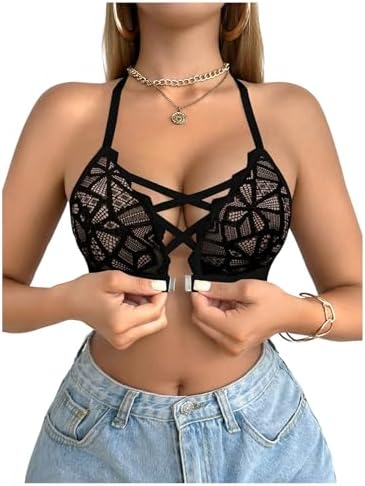 SOLY HUX Women's Ribbed Front Closure Bra Sparkly Straps Criss