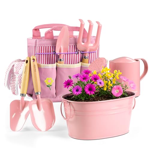 8Pcs Kids Gardening Set with Real Metal Tools & Metal Basket, Pink
