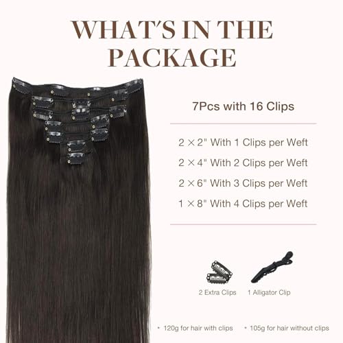 GOO GOO Hair Extensions, Clip in Hair Extensions, 7pcs 120g 55cm Dark Brown Hair Extensions, Real Natural Human Hair Extensions Remy Hair Extensions