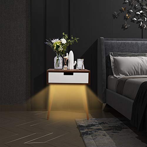 Nightstand End Table with Drawers Storage, Frylr Bedside Table Latest with 2 Power Sockets and 2.1A USB Charging Ports Design for Living Room Sofa, Light Walnut and White - Thumbnail 2