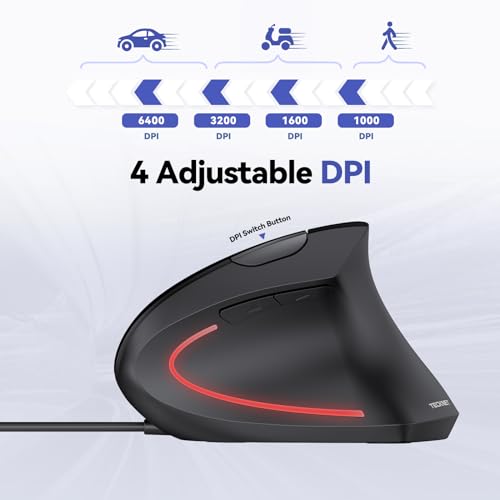 TECKNET Wired Ergonomic Mouse, 6400DPI Wired Vertical Mouse 6-Button Silent Mouse with 4 Adjustable Levels DPI, 1.5 m USB Cable Optical WiredMouse for Laptop, PC, Mac,Black