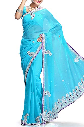 VinHem Fashion Exclusive Indian Ethnic Wear Designer Firozi Chiffon Saree with Stone Work, Pearl Work