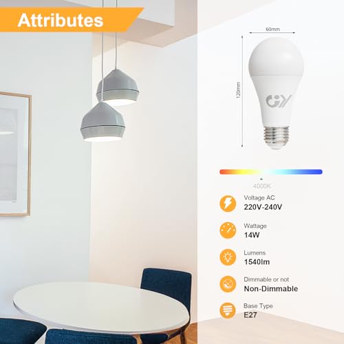 GY E27 Neutral White LED Bulb 14W 4000K 1540 Lumen, A60 Low Consumption, 14W Equivalent to 100W, Non-Dimmable 12 Units