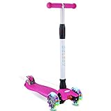 BELEEV Kick Scooter for Kids 3 Wheel Scooter, 4 Adjustable Height, Lean to Steer with PU LED Light Up Wheels for Children from 3 to 13 Years Old (Rose Pink)