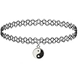 Girlprops Tattoo Choker Necklace, Yin Yang, Popular in the 80S 90S, Yin Yang Charm in Black with Silver Tone Finish