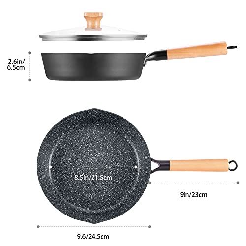 Nonstick Deep Saute Pan with Lid, 9.5inch Frying Pan Skillet with Wood