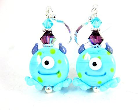 1 Eye Monster Blue Purple Halloween Lampwork Glass Sterling Silver Crystal Earrings