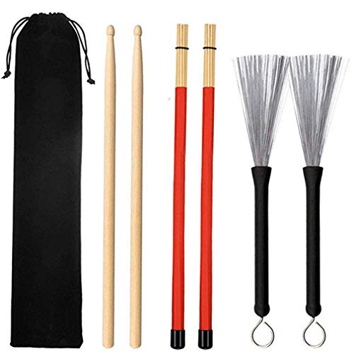 YouCY Drum Stick Brush Set, Classic Wood Drum Sticks Drum Brushes for Jazz Folk with Storage Bag