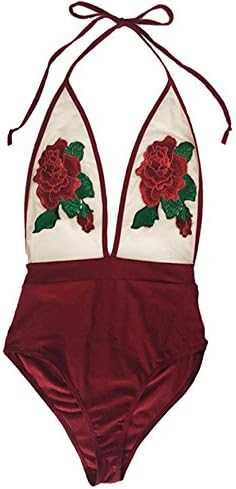 Summer Bay Women Plunge V Neck Retro Embroidery Rose Sheer Mesh One Piece Swimsuit
