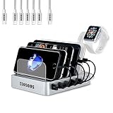 Charging Station for Multiple Devices,COSOOS USB Charger Station with 5 lPhone Charger,1 Type-C,1 Micro Cable,iWatch Stand,6-Port Charging Station for iPhone,iPad,Kindle(Silver White,UL Certified)