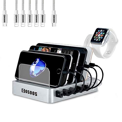 Charging Station for Multiple Devices,COSOOS USB Charger Station with 5 lPhone Charger,1 Type-C,1 Micro Cable,iWatch Stand,6-Port Charging Station for iPhone,iPad,Kindle(Silver White,UL Certified)
