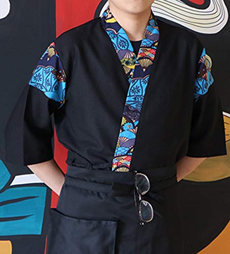 Mens Women Patchwork Sushi Chef Jacket Japanese Kitchen Uniform Sushi Workwear Printed Kimono Cardigan