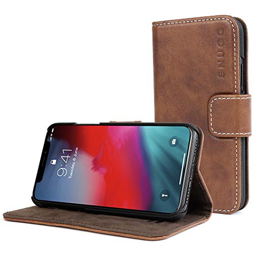 SnuggiPhone XR Wallet Case – Leather Card Case Wallet with Handy Stand Feature – Legacy Series Flip Phone Case Cover in Distressed Brown