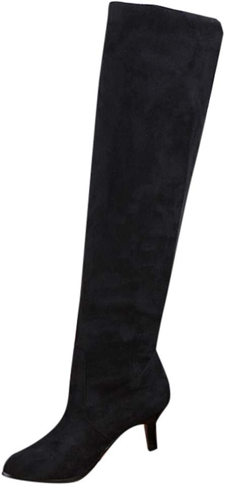 DENER❤️ Women Ladies Long Boots with Heels,Suede Pointed Toe Over The Knee Wide Calf Winter Boots Booties Shoes (Black, 8 M US)