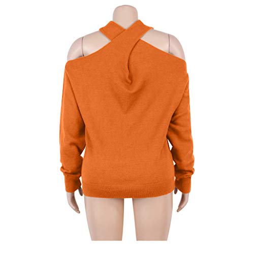 Aunimeify Fashion Women's Solid Halterneck Off Shoulder Long Sleeves Sweater Blouse Tops Orange