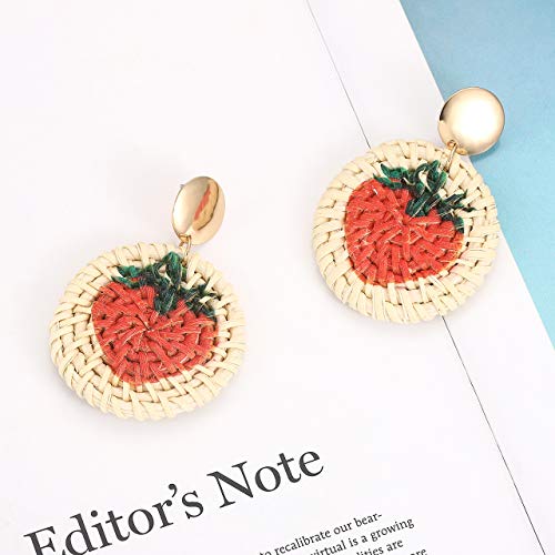CEALXHENY Rattan Earrings Straw Wicker Braid Earrings Tropical Fruit Print Drop Dangle Earrings Handmade Statement Earrings for Women Girls (Strawberry)