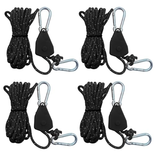 MUYAPAY Set of 4 Ratchet Tensioners, Adjustable Ratchet Rope Retractable Pulley, 4 m Reflective Tent Rope for Attaching a Tent in Full Equipment Essential for Camping Travel Black