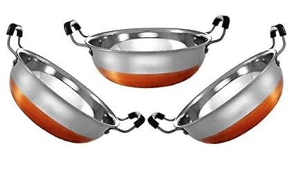 Jagani Steels High Grade Stainless Steel Copper Bottom Kadhai With Utensil Kadai,Set Of 3