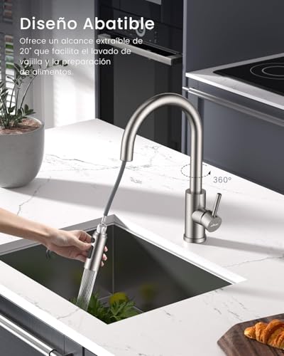 APPASO Grifo de cocina, SUS304 grifo de acero inoxidable con pull down pulverizador de 3 modos, grifo monomando de fregadero níquel cepillado (Sin dispensador de jabón)
