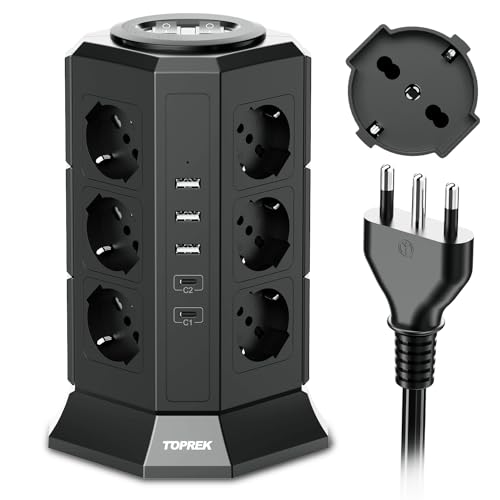 TOPREK Vertical Power Strip with 12 Universal Sockets ITA 10/16A and Schuko and 2 USB C (20W PD3.0 Quick Charge) and 3 USB A, Overvoltage Protection, 4000W/16A, 2 Switches, 2 M Cable, 16A Plug