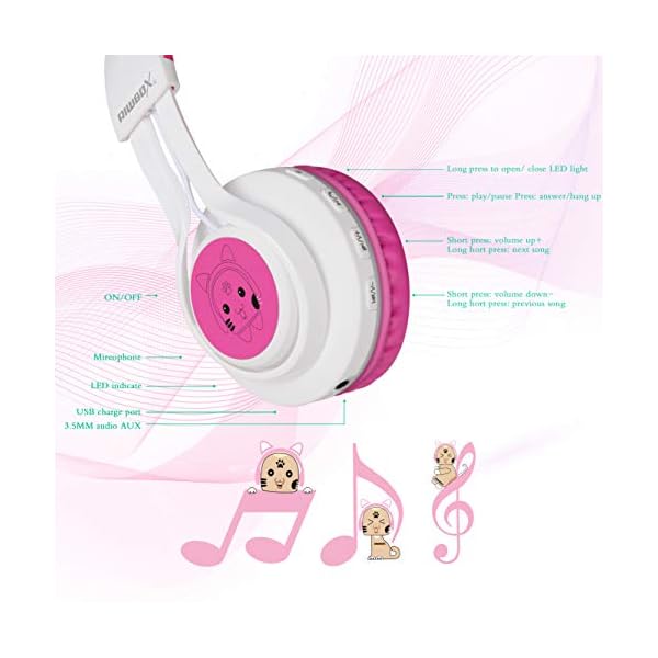 Bluetooth-Headphones-Riwbox-CT-7-Cat-Ear-LED-Light-Up-Wireless-Foldable-Headphones-Over-Ear-with-Microphone-and-Volume-Control-for-iPhoneiPadSmartphonesLaptopPCTV-WhitePink Riwbox Bluetooth Headphones, CT-7 Cat Ear LED Light Up Wireless Foldable Headphones Over Ear with Microphone and Volume…