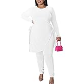 MRSFITOK Plus Size 2 Piece Outfits for Women Pants Sets Sexy Elegant Long Sleeve Split Shirt Bodycon Casual tracksuits