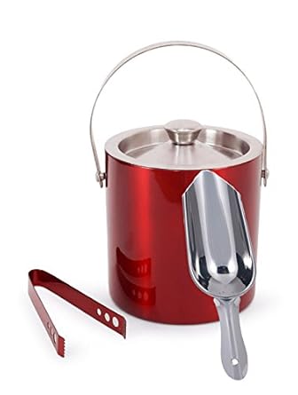 King International 100% Stainless Steel Red Bar Set | Bar Tools | Bar Accessories Set of 3 Pieces | Ice Bucket | Ice Tong | Ice Scoop - Ideal for Party Get Together and Gifting