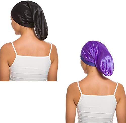 Unisex Open Back Spandex Dreadlocks Braids Hair Bonnet Cap Long Cylinder Sleep Slouch Hat for Men Women (Black+ Purple)
