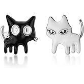 SLUYNZ Sterling Silver Cat Earrings Studs for Women Teen Girls Black White Cat Studs Earrings Cute Animal Earrings
