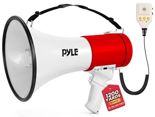 Pyle Megafoon, 50W Draagbare Megafoon met Sirene, Instelbaar Volume AUX-Ingang, Spreekfunctie, Muziek, Fluit, Opnamefunctie & Schouderriem-Rood/Wit