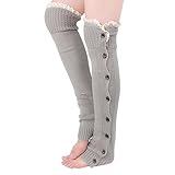 Tirain Women Knitted Flat Button Down Crochet Leg Warmers with Lace Trim FBA(Light Grey)