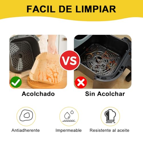 Papel para Freidora de Aire 100Pzs, Cuadrado Desechable Revestimiento de Papel Encerado de Horno, Antiadherente Resistente al Aceite, Accesorios de Freidora para Sartén Horno Microonda Vapor, 16*4.5cm